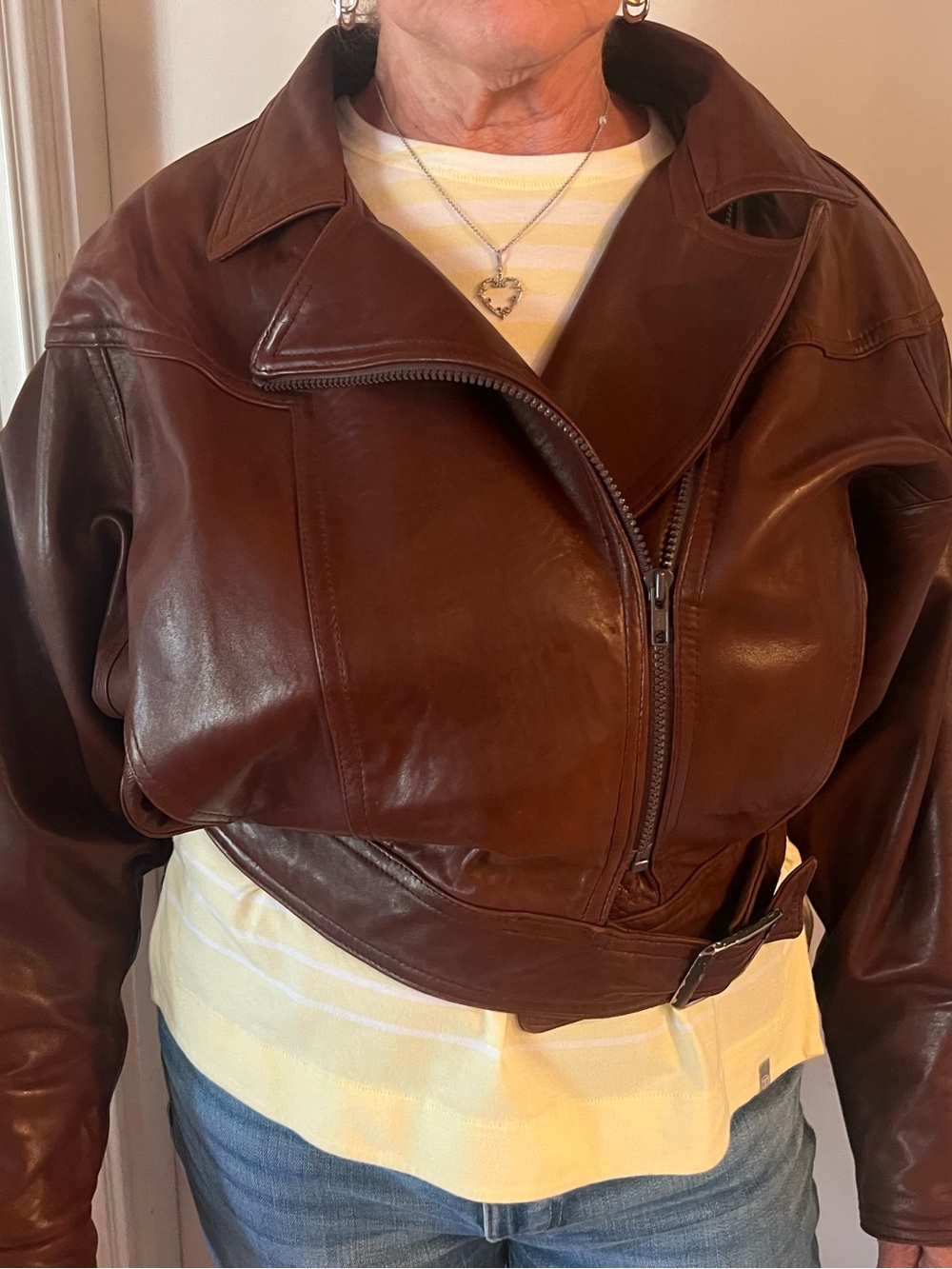 Christian Lauren Vintage Brown Leather Cropped Biker Jacket with Belt - Picture 9 of 9